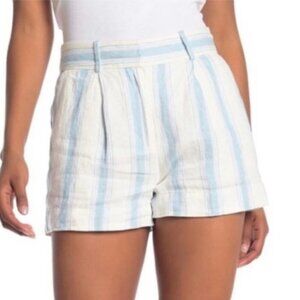Frame Women's 0 White Blue Stripe 100% Linen High Waist Pleated Front Shorts